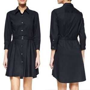 Theory Jalyis Poplin Shirt Dress Sheer Pleated Black 3/4 Sleeve Pockets Size 10